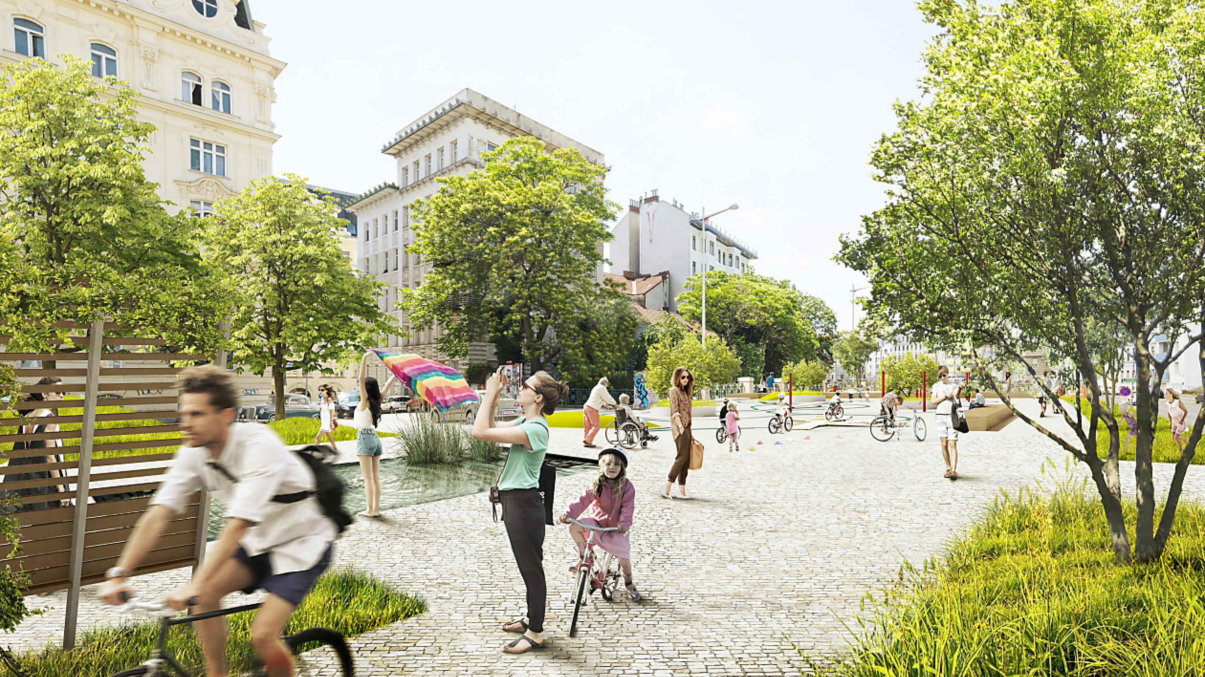 Parkfläche mit hellem Kleinsteinpflaster, Wasserflächen und zahlreichen Parkbesuchern. Links ist eine Gründerzeithäuserzeile zu erkennen.