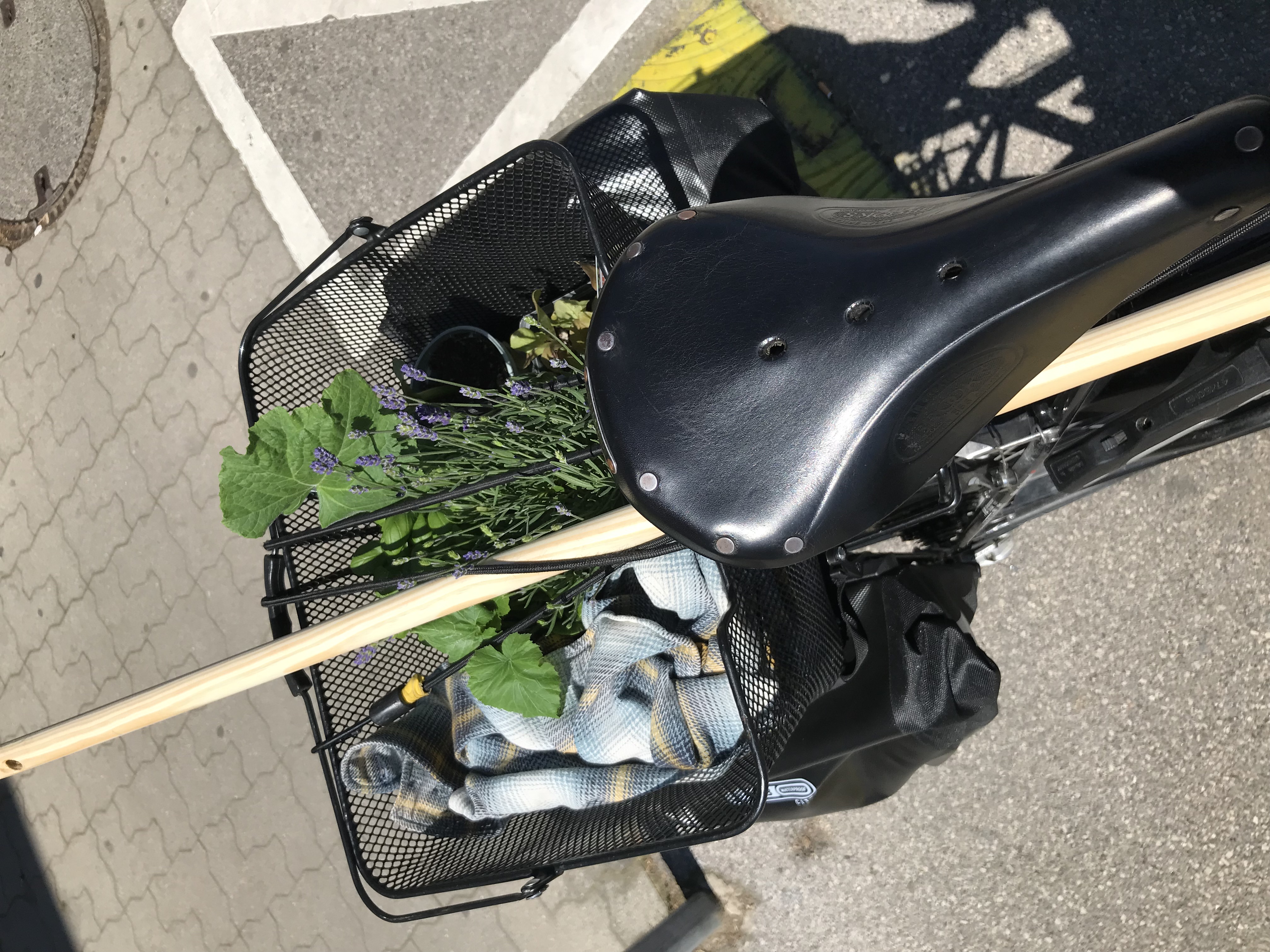 Fahrrad mit Korb und zwei Taschen von oben. Im Korb sind Pflanzen und ein Flanellhemd zu sehen. Auch der Teil einer Holzstange ragt quer durchs das Bild.