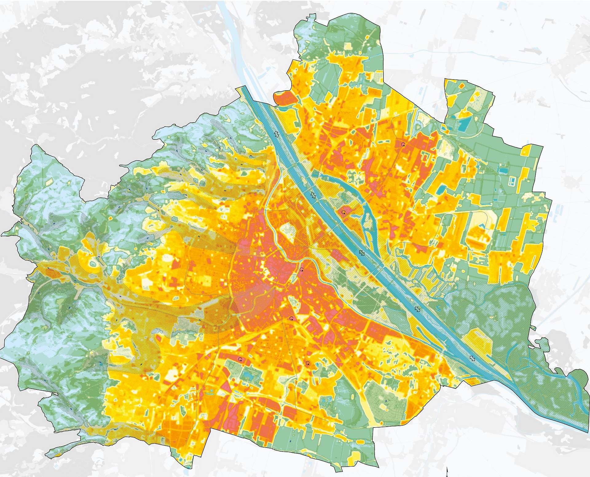 Landkarte von Wien mit Farbschattierungen von dunkelorange im Zentrum bis hellgrün am Rand. Als blaue Streifen sind die Donauarme zusehen aber nicht der Wienfluss.