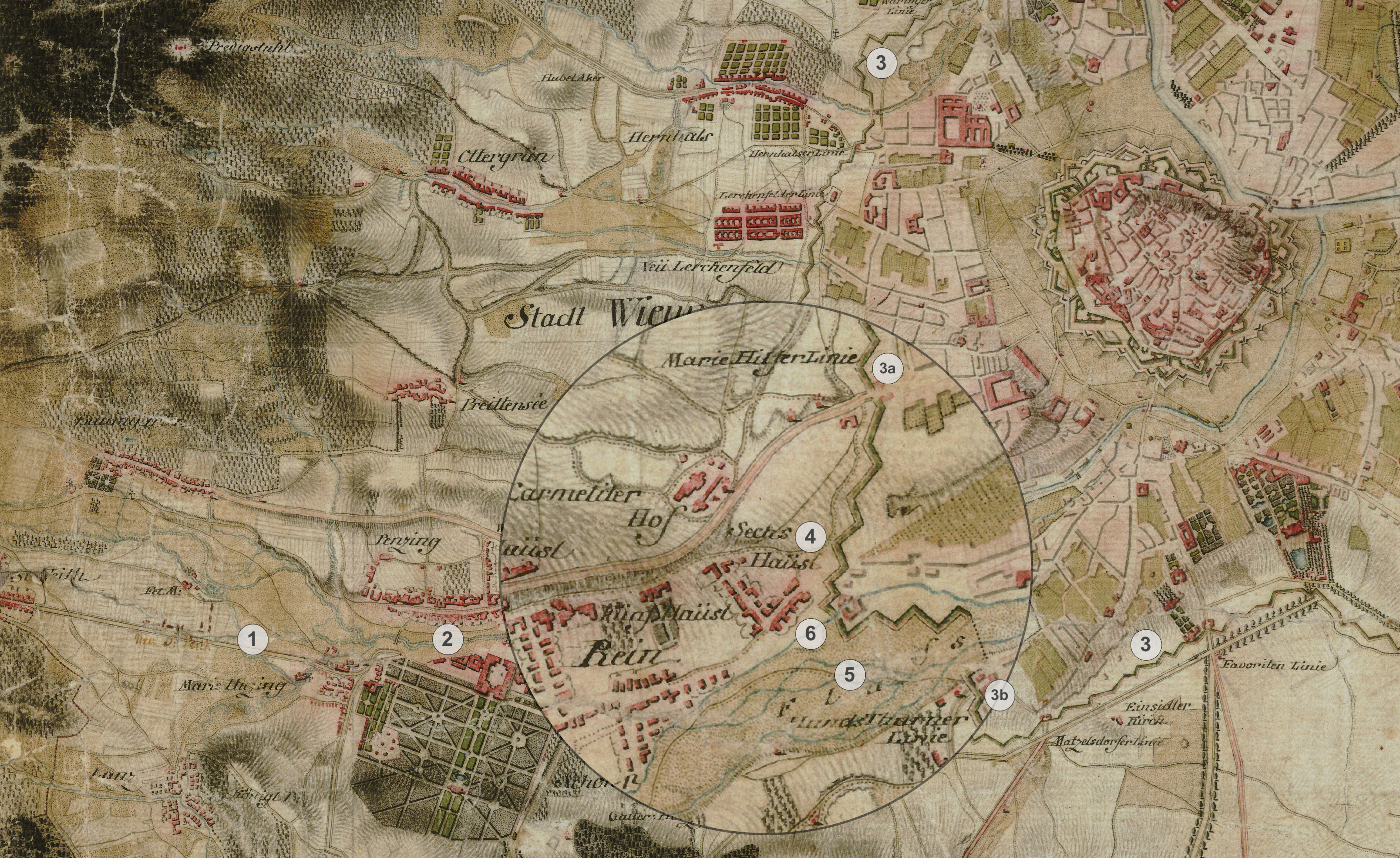 Farbzeichnung: Eine alte Landkarte der Stadt Wien.