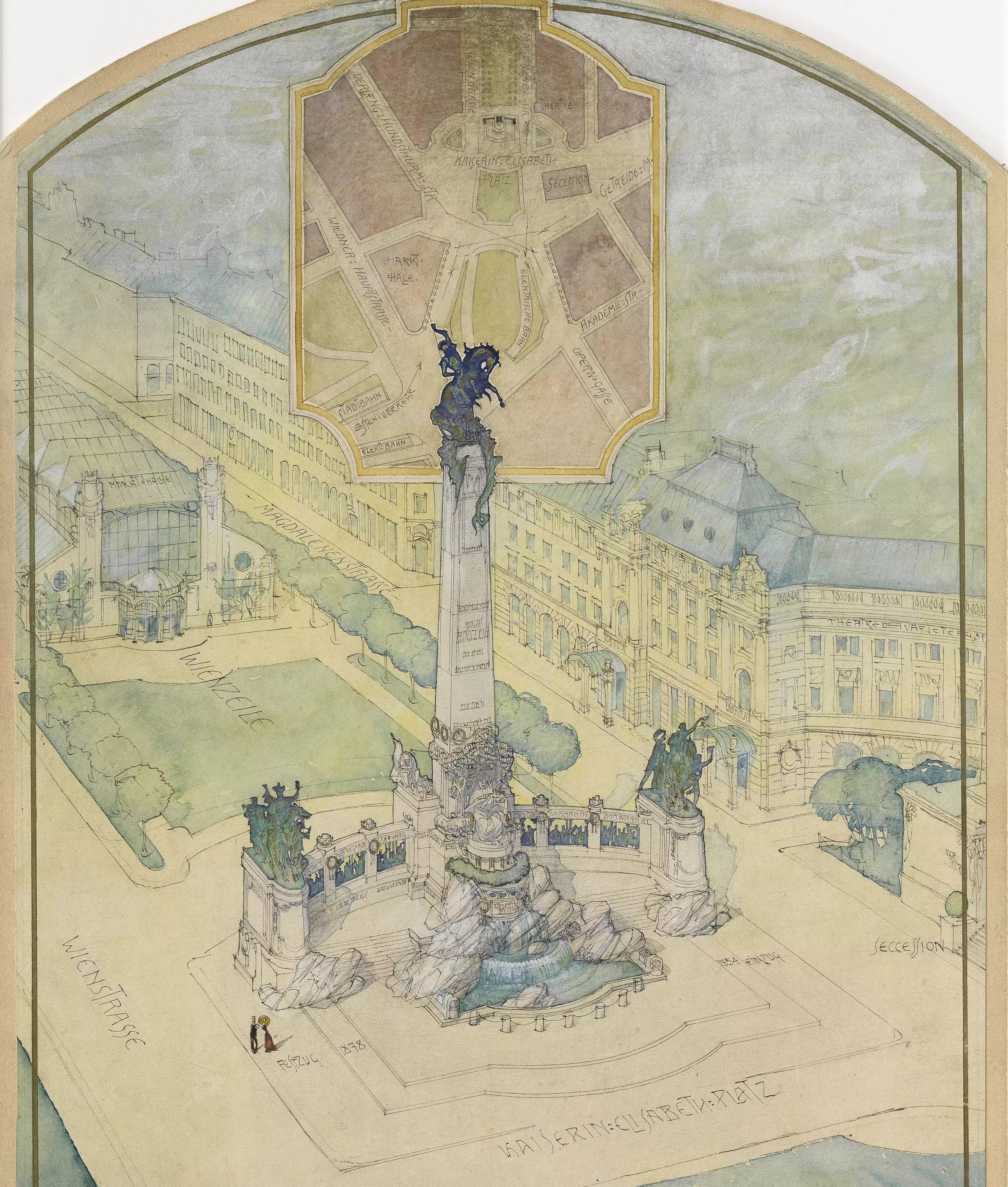 Farbzeichnung: Obelisk mit Reiterstatue. In der Zeichnung ein Grundriss des Platzes.