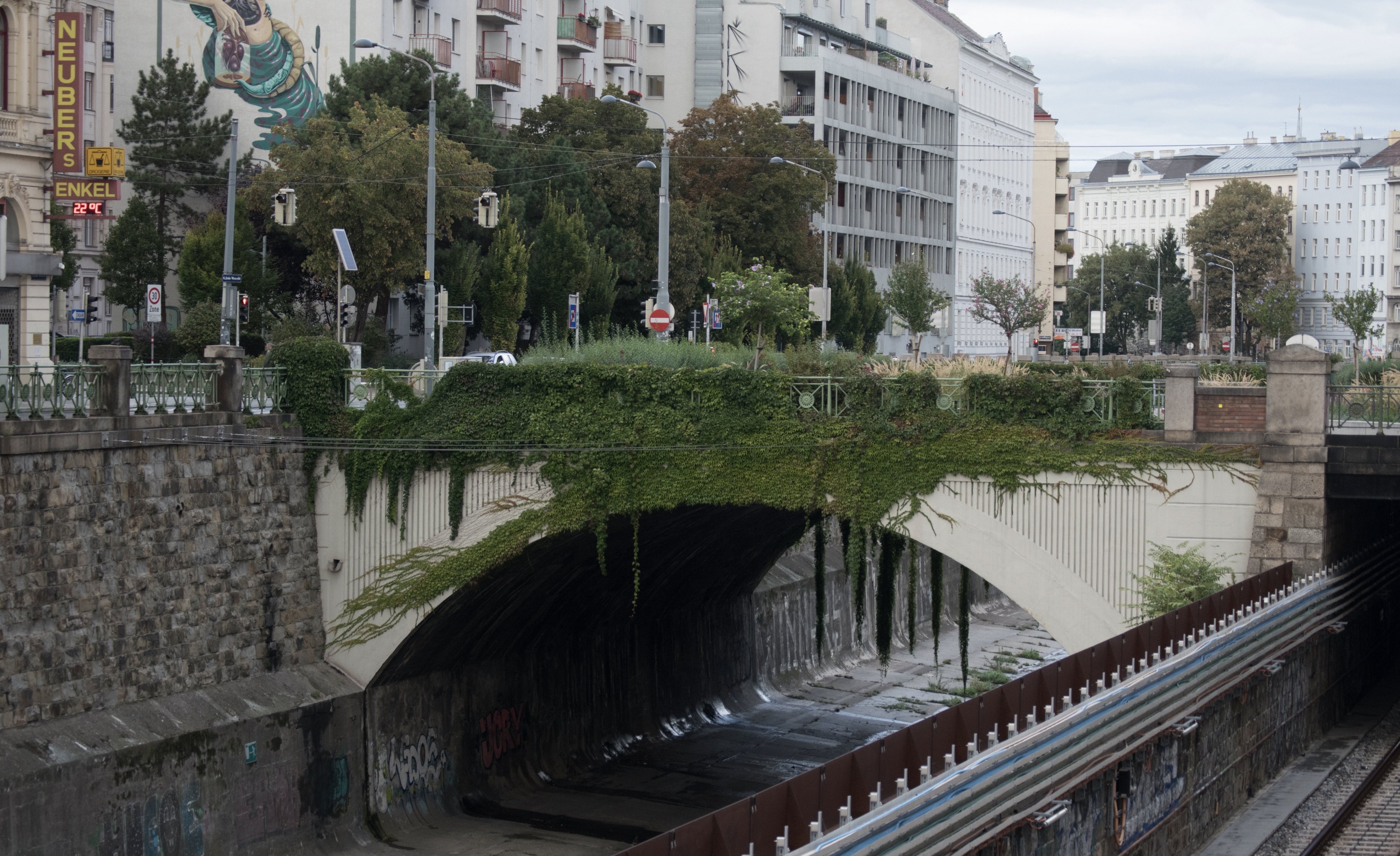Brücke grün bewachsen im urbanen Raum.