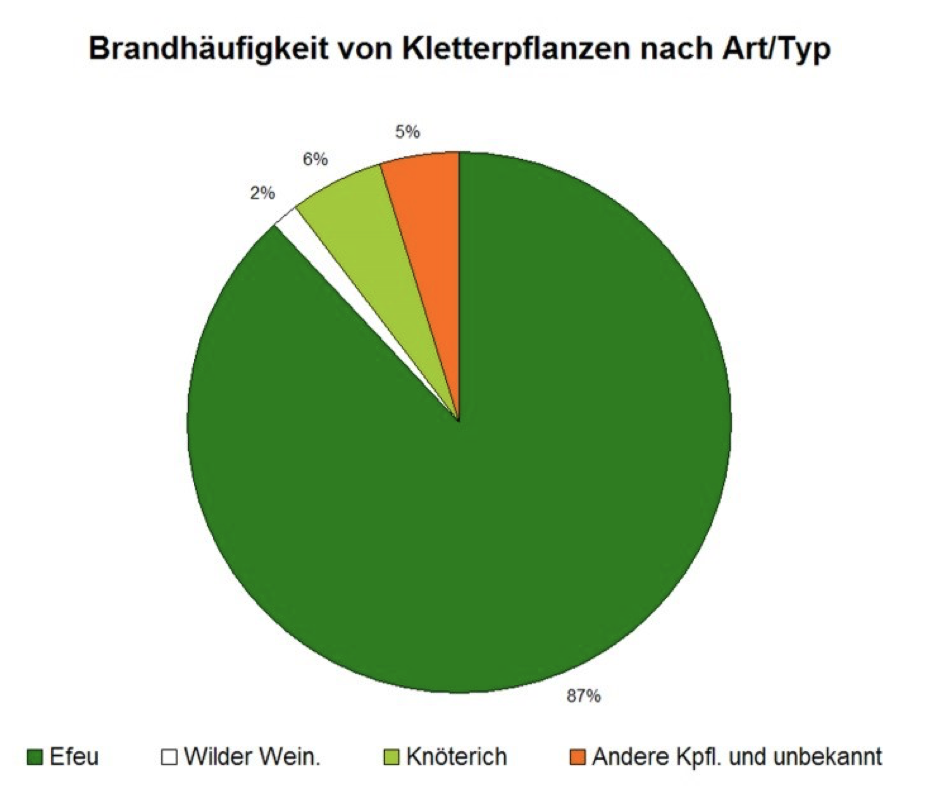 Tortendiagramm Brandhäufigkeit von Kletterpflanzen nach Art/Typ: 87% Efeu, 2% Wilder Wein, 6% Knöterich, 5% andere