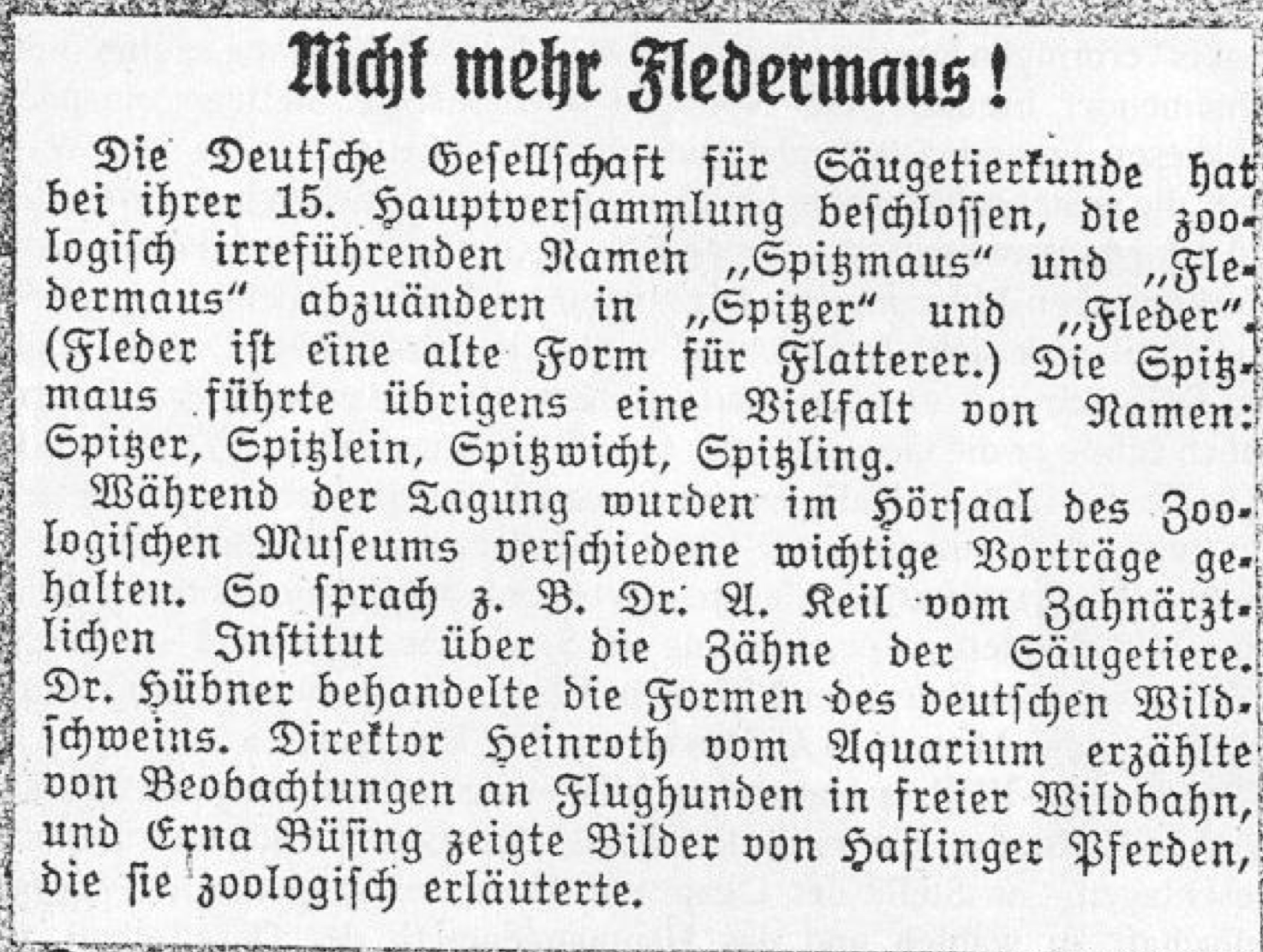 Zeitungsausschnitt - Faksimile – Überschrift: Nicht mehr Fledermaus!