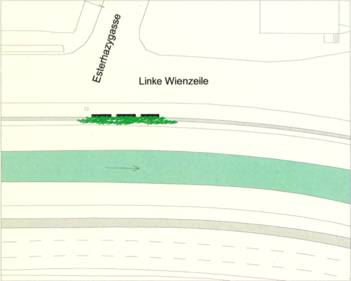 Planskizze, Grundriss: T-Kreuzung Esterházygasse / Linke Wienzeile. Am Flussufer sind drei Pflanztröge angedeutet.