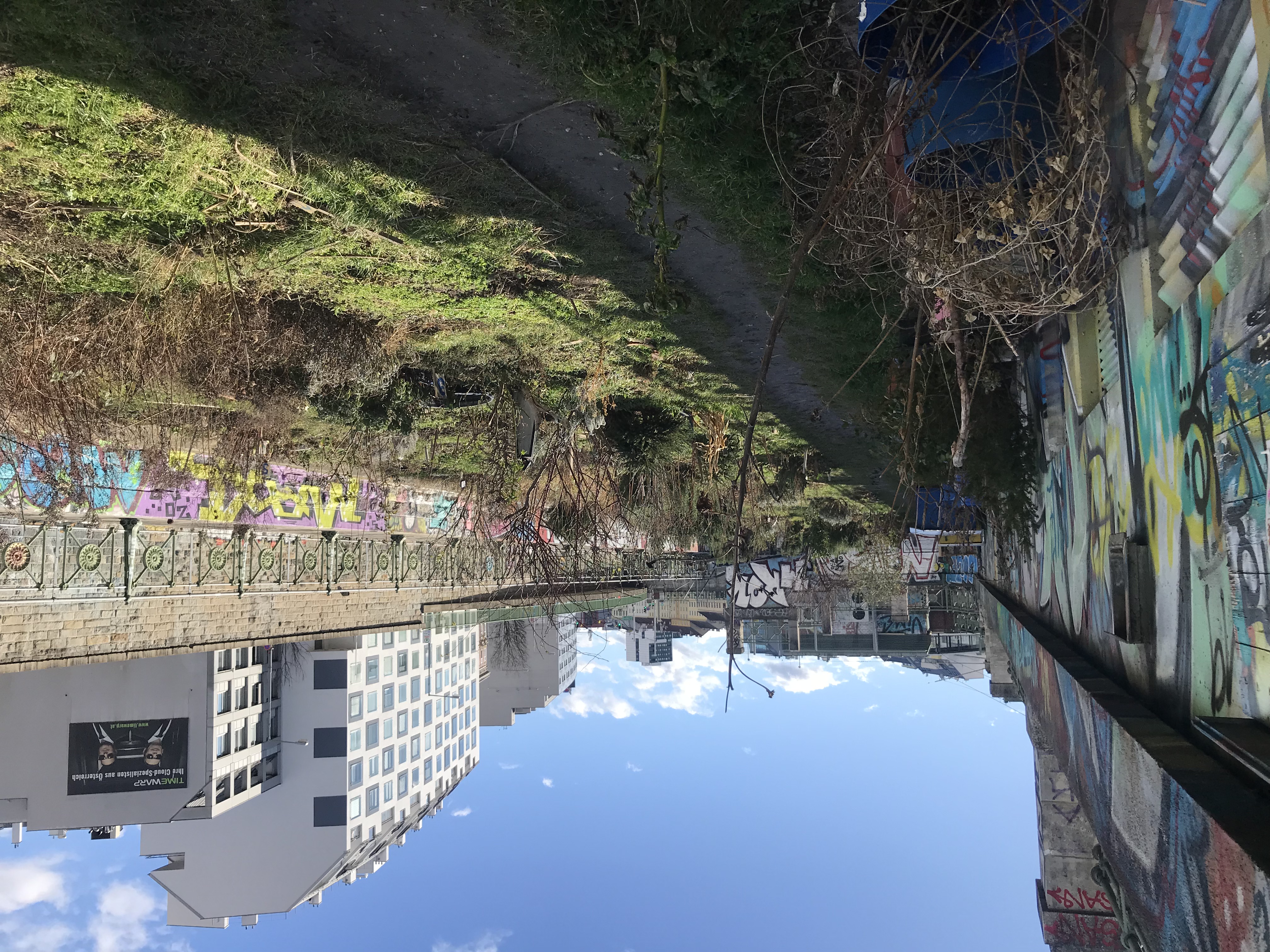 Garten im Sonnenschein. Links und rechts Mauern mit Graffiti, im Hintergrund mehrgeschoßige Häuser.