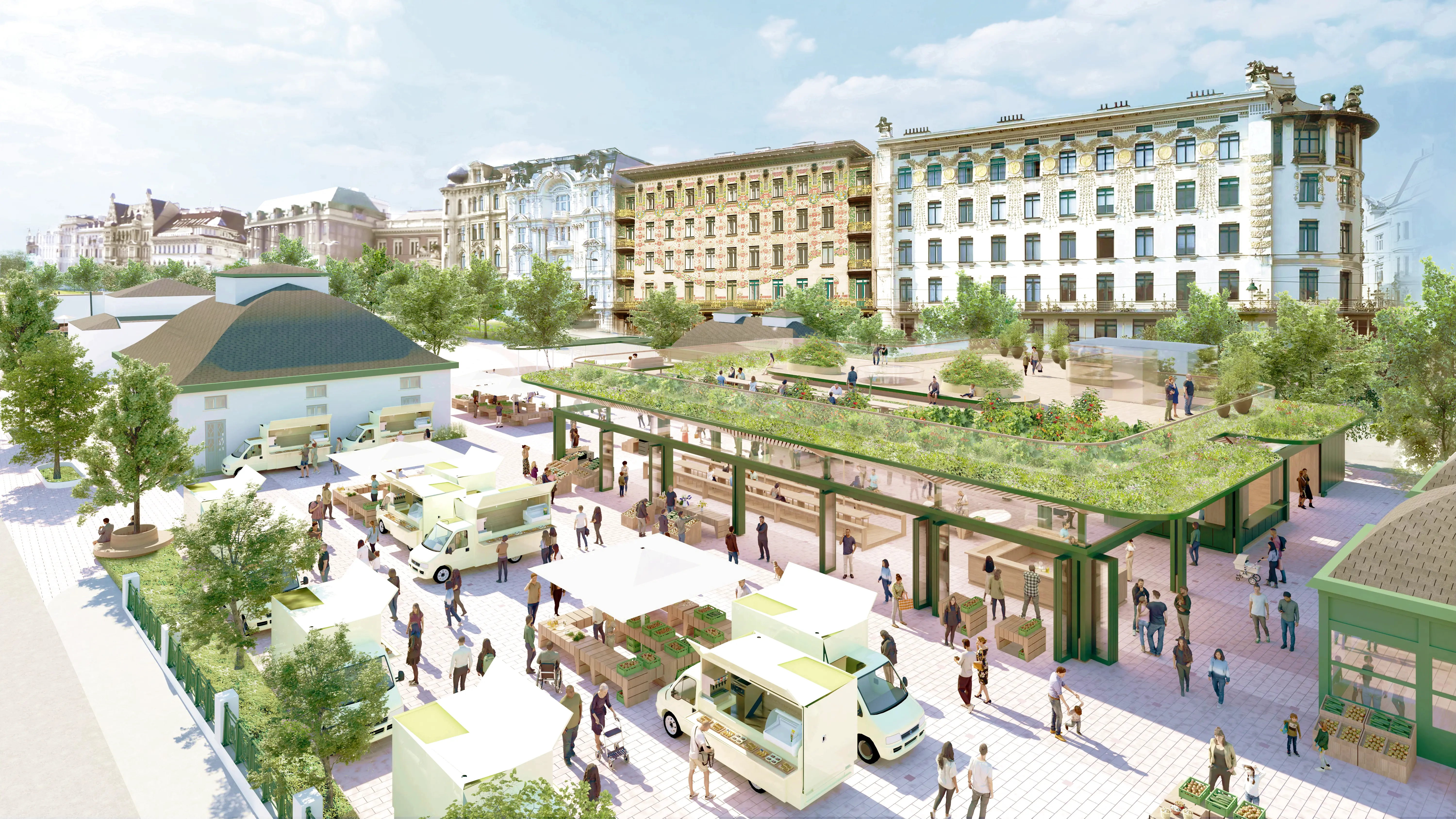 Rendering: Im Vordergrund eingeschoßige Glaskonstruktion mit Dachgarten. Hintergrund gründerzeitliche Prachtbauten.