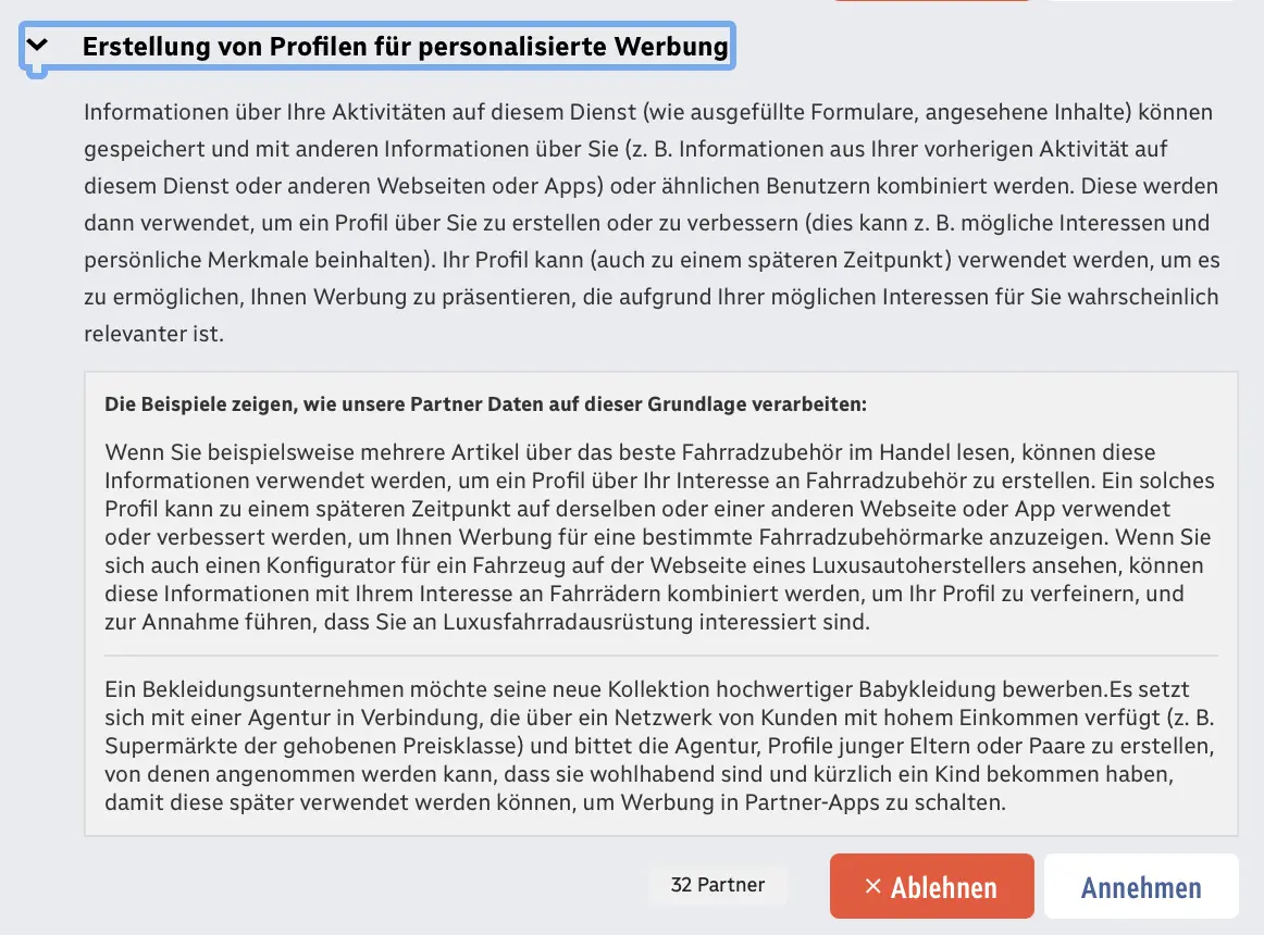 Screenshot des ORF-Cookie-Dialogs mit einem Beispiel über Profile wohlhabender junger Eltern