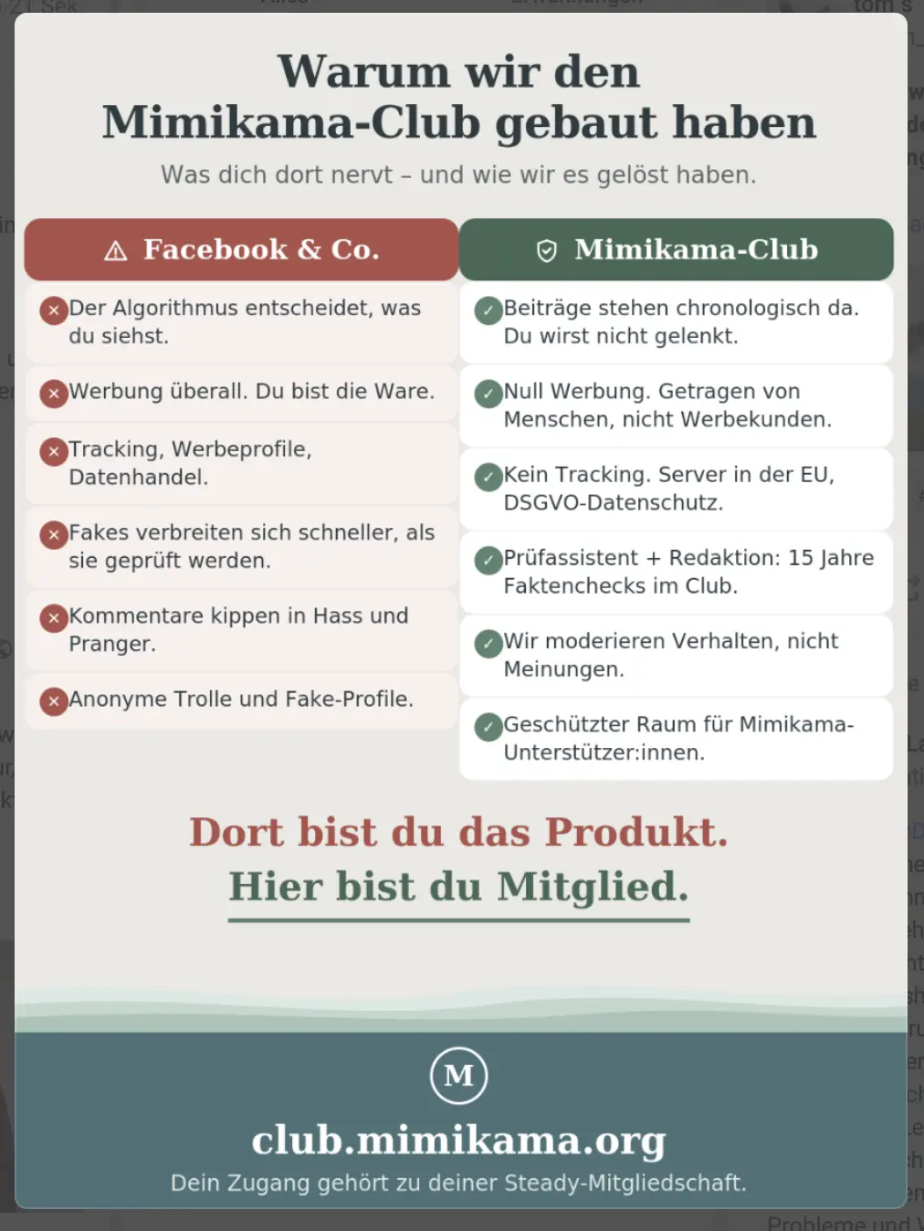 Infografik von Mimikama, die Facebook & Co mit dem werbefreien Mimikama-Club vergleicht