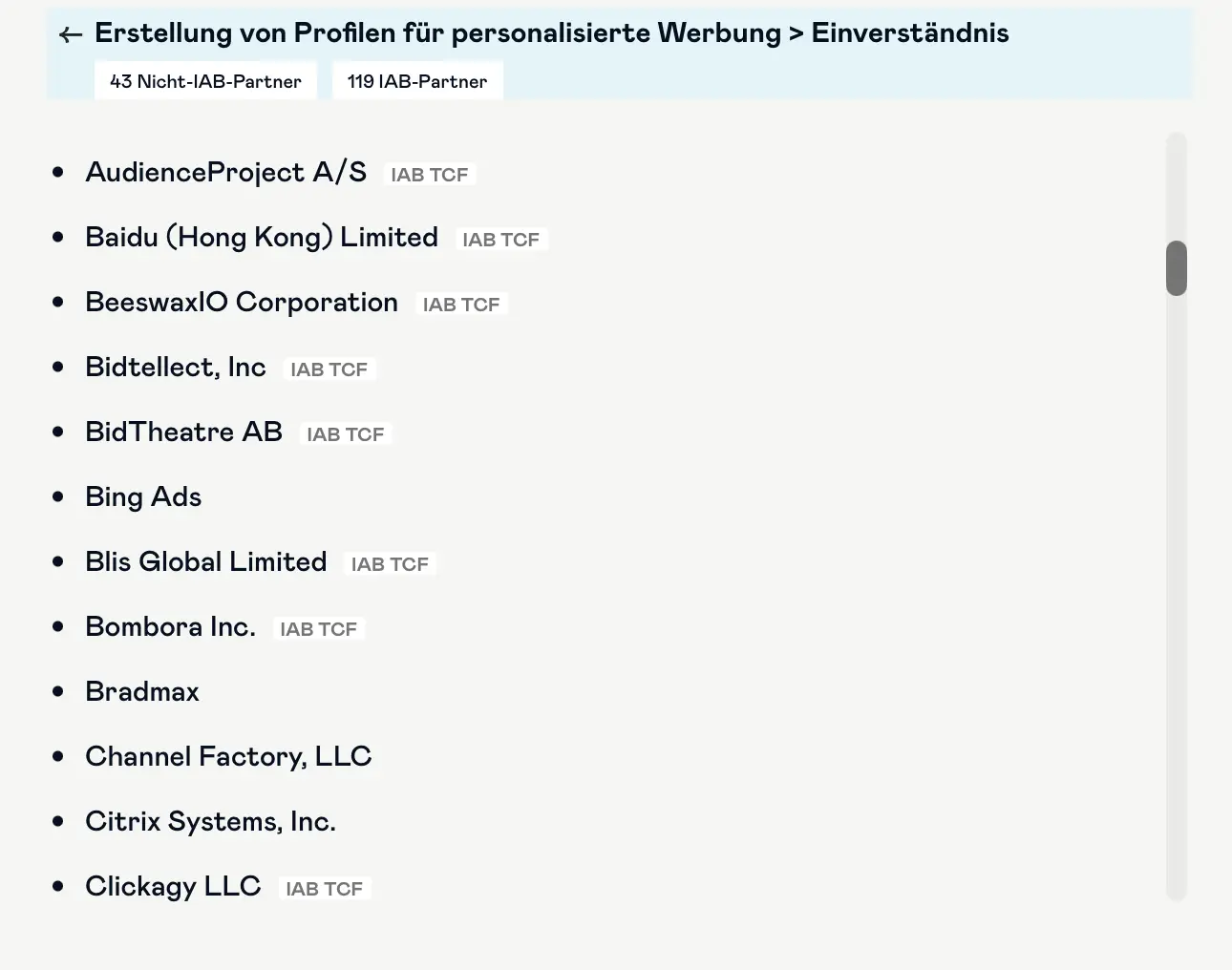Weiterer Ausschnitt der Werbepartnerliste von DiePresse.com mit Baidu, Bombora und Blis Global