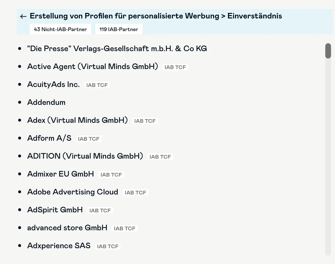 Liste von Werbepartnern im Cookie-Dialog von DiePresse.com mit Zähler 43 Nicht-IAB- und 119 IAB-Partner